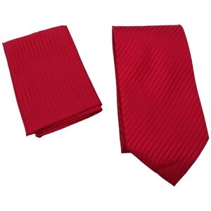 2 Piece Set Karl Knox Mens Tie & Pocket Square Red Striped Business Elegant 56"